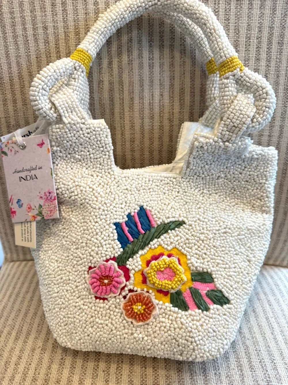Made in India White Beaded Tote w/ Colorful Embroidered Parrot & Floral Accents - Picture 3 of 7
